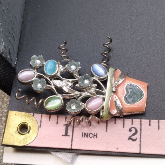 Vintage Enamel Potted Tree Brooch Glass Cats Eye Stone signed KC - Picture 4 of 4